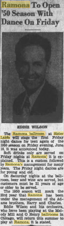 Ramona Ballroom/Dance Pavilion at Sister Lakes - 15 Jun 1950 Article (newer photo)